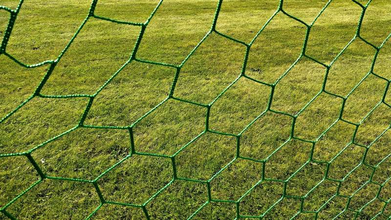 Rede de uma baliza de futebol sobre a relva